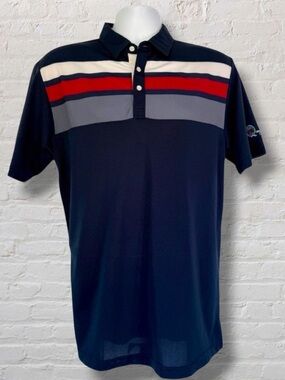TravisMathew Golf Red White Blue Polo, Shirt –Size M – The Quechee Club Emblem